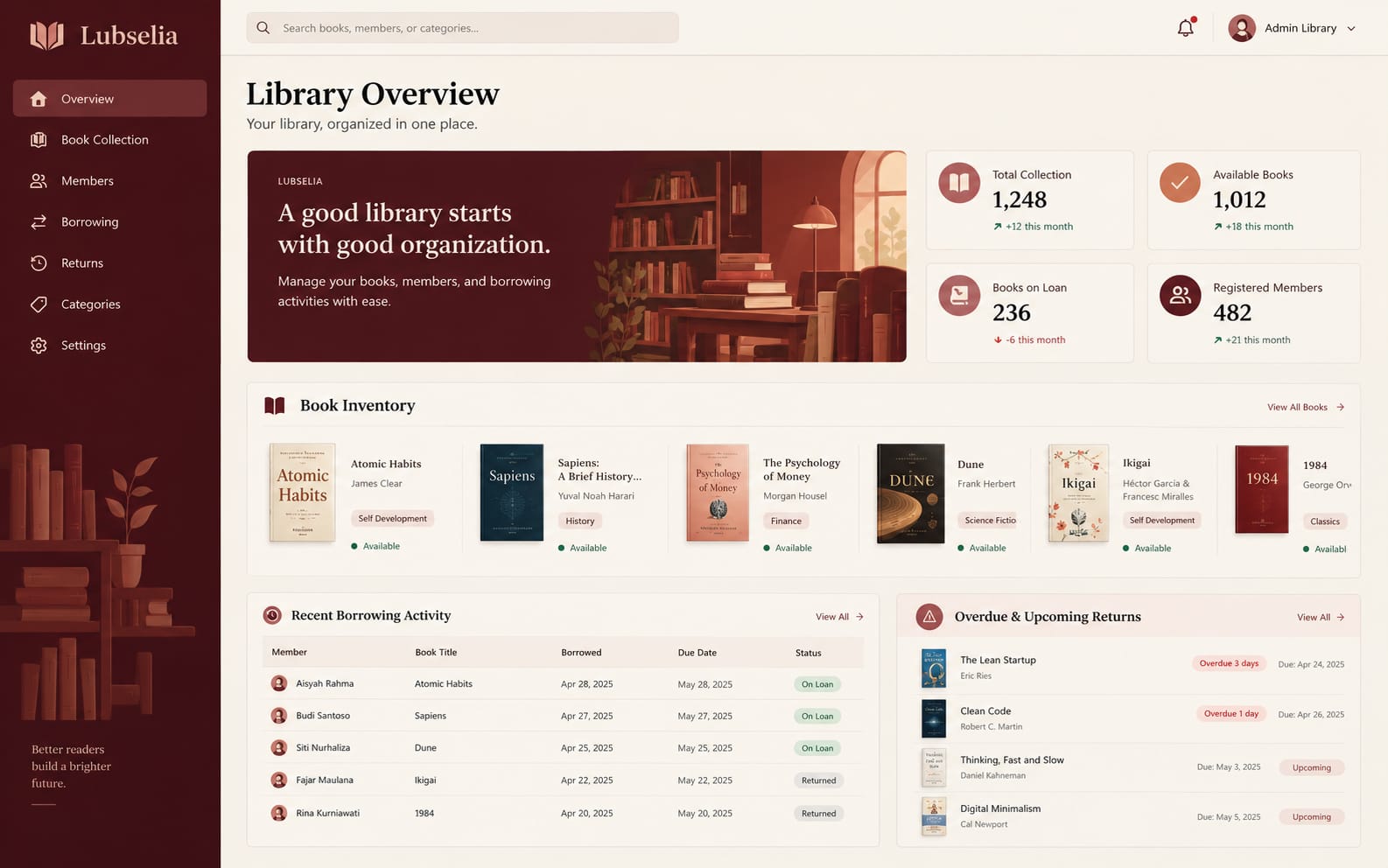 Lubselia library management dashboard preview